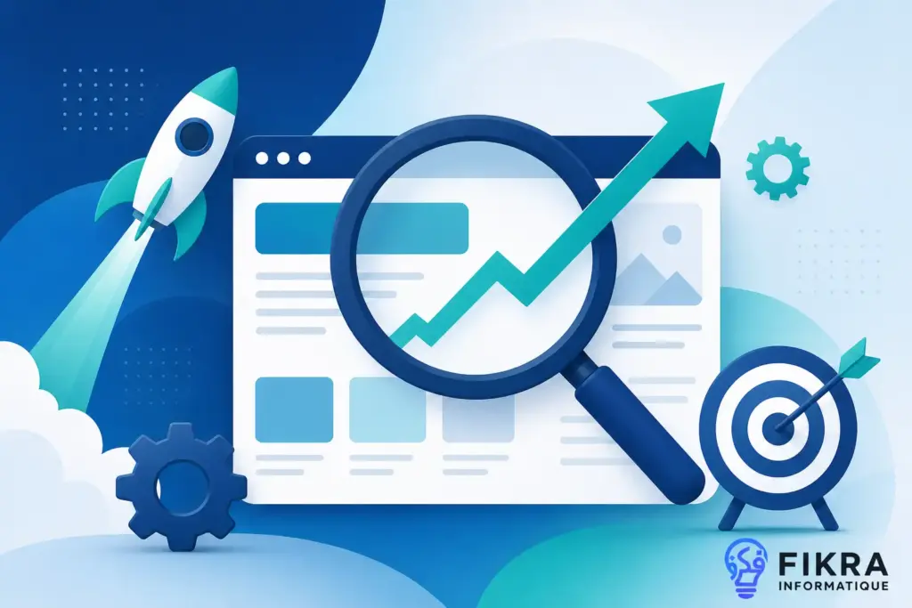 Illustration abstraite d'une loupe et d'une flèche de croissance symbolisant le référencement naturel (SEO), avec le logo Fikra Informatique en bas à droite