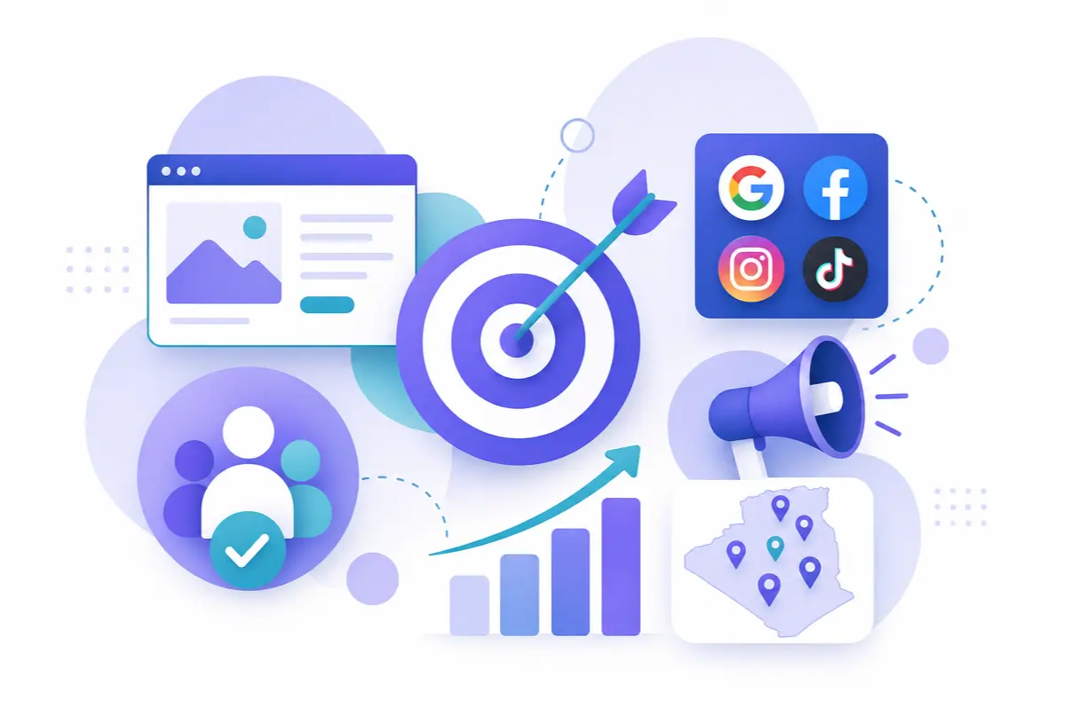 Illustration 3D du marketing digital en Algérie montrant une cible atteinte, les logos Google et réseaux sociaux, une audience qualifiée, un graphique de croissance et une carte d'Algérie avec des ciblages locaux.