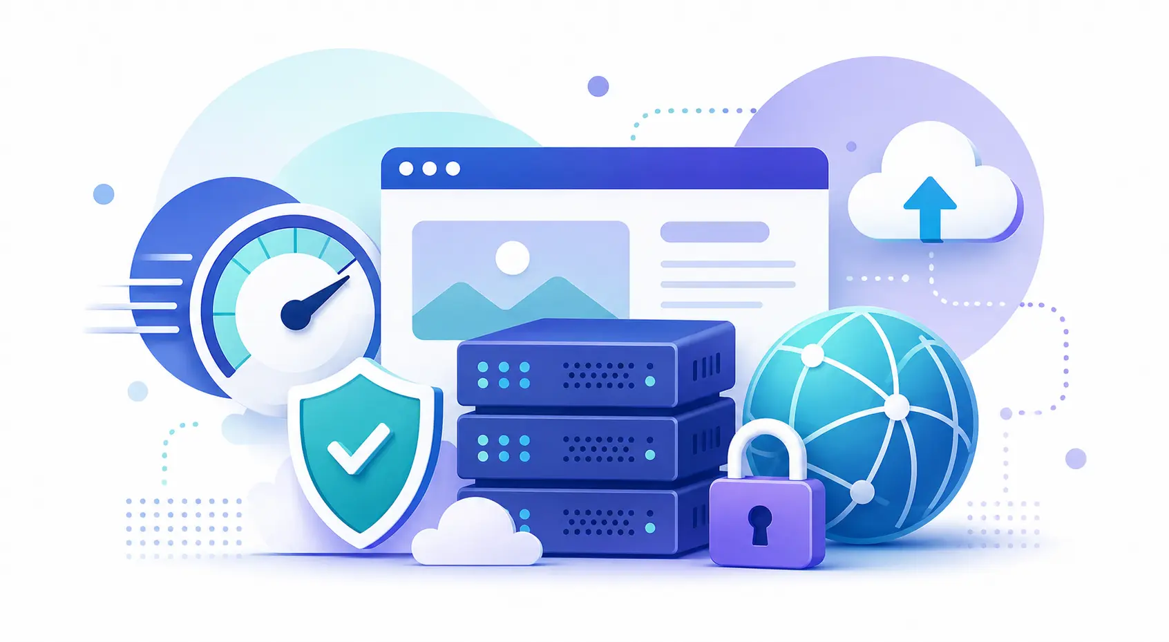Illustration 3D d'une infrastructure d'hébergement web haute performance avec des serveurs sécurisés, un indicateur de vitesse, un bouclier de sécurité, un cadenas, un nuage et un réseau mondial, illustrant un hébergement rapide, fiable et sécurisé pour les entreprises, les sites e-commerce et les applications web en Algérie.