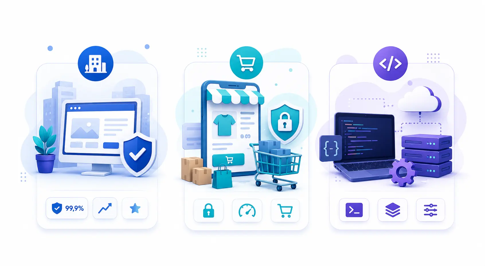 Illustration 3D représentant des solutions d'hébergement web pour les PME, les boutiques e-commerce et les agences de développement, avec des performances élevées, une sécurité renforcée et une infrastructure évolutive