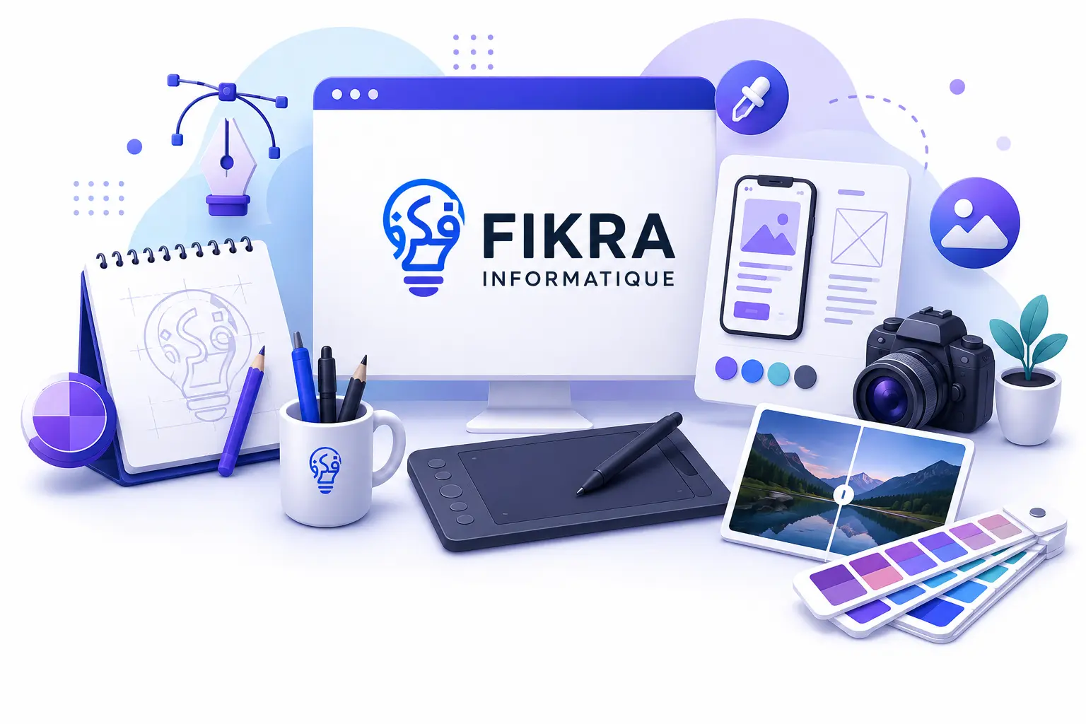 Illustration 3D représentant un espace de travail dédié au design graphique, avec une interface de création, des outils UI/UX, une tablette graphique, une palette de couleurs, des maquettes mobiles, un appareil photo et des éléments de branding, illustrant les services de création graphique et d'identité visuelle de Fikra Informatique.