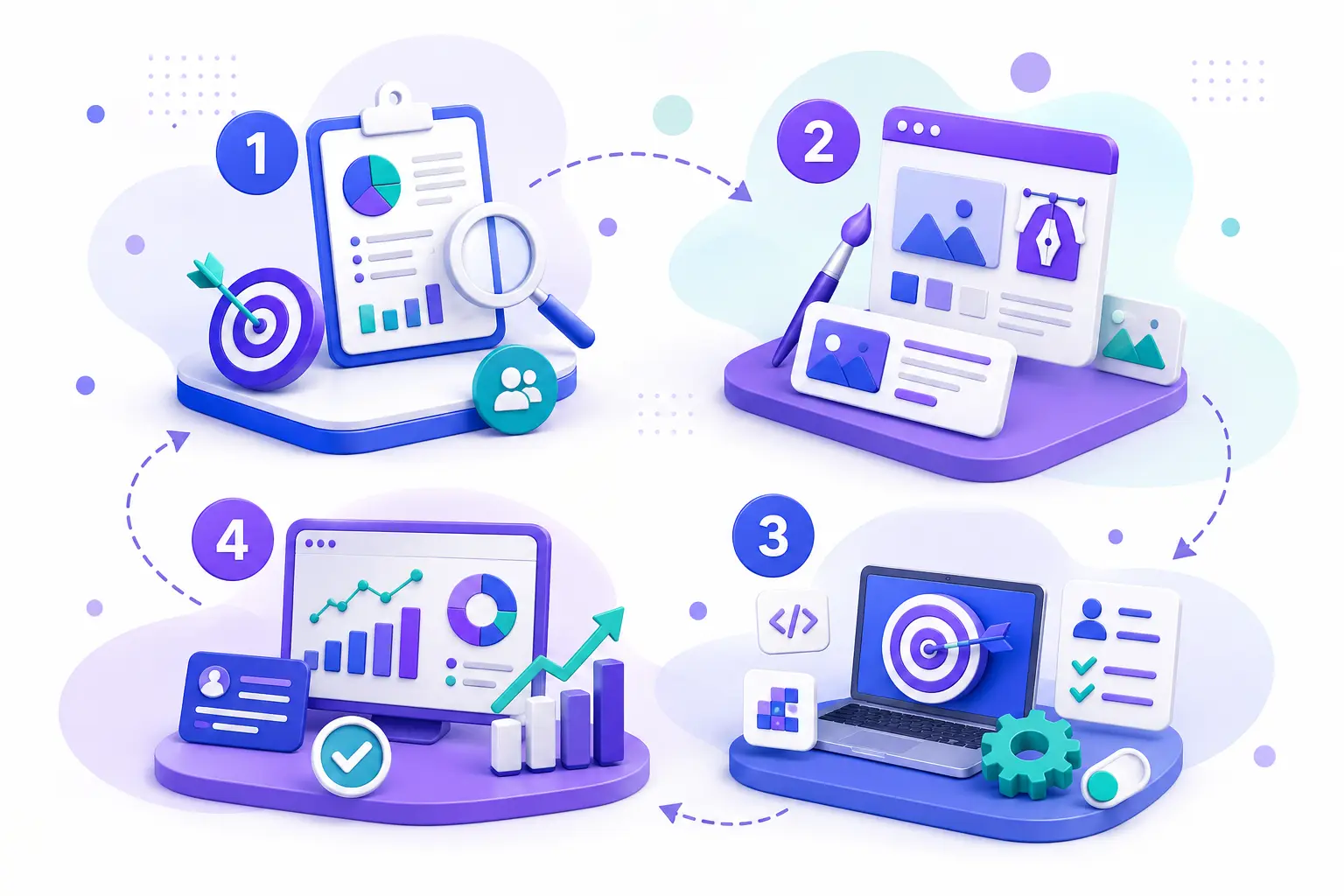 Illustration isométrique moderne représentant un processus de publicité digitale en quatre étapes : analyse stratégique avec tableau de bord et loupe, création de visuels et d'annonces, configuration technique et ciblage sur ordinateur portable, puis suivi des performances avec graphiques analytiques et indicateurs de croissance. Palette de couleurs bleu, violet et turquoise sur fond blanc avec formes organiques et éléments décoratifs minimalistes.