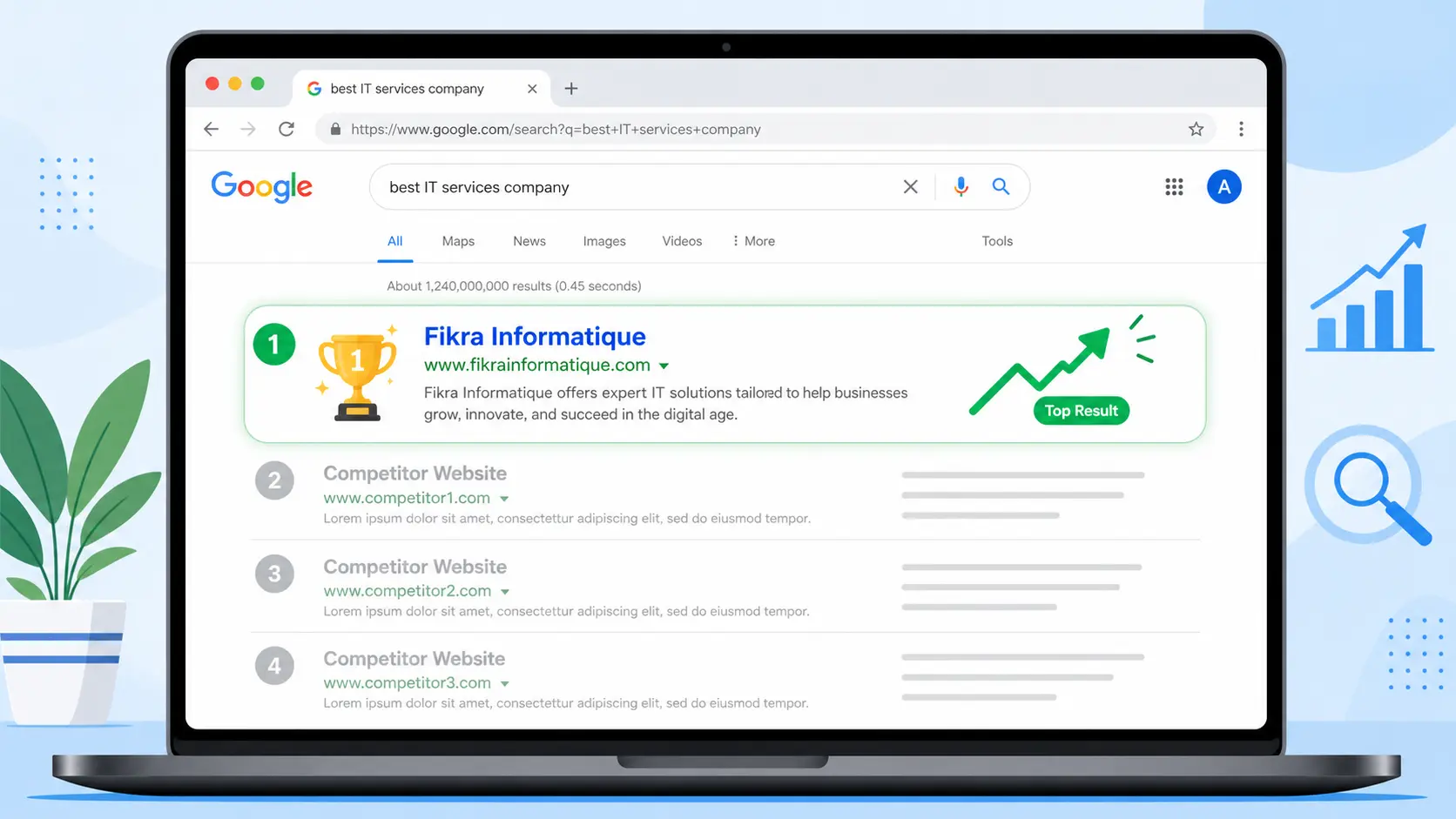 Illustration montrant le site Fikra Informatique classé en première position dans les résultats de recherche Google – Agence SEO en Algérie