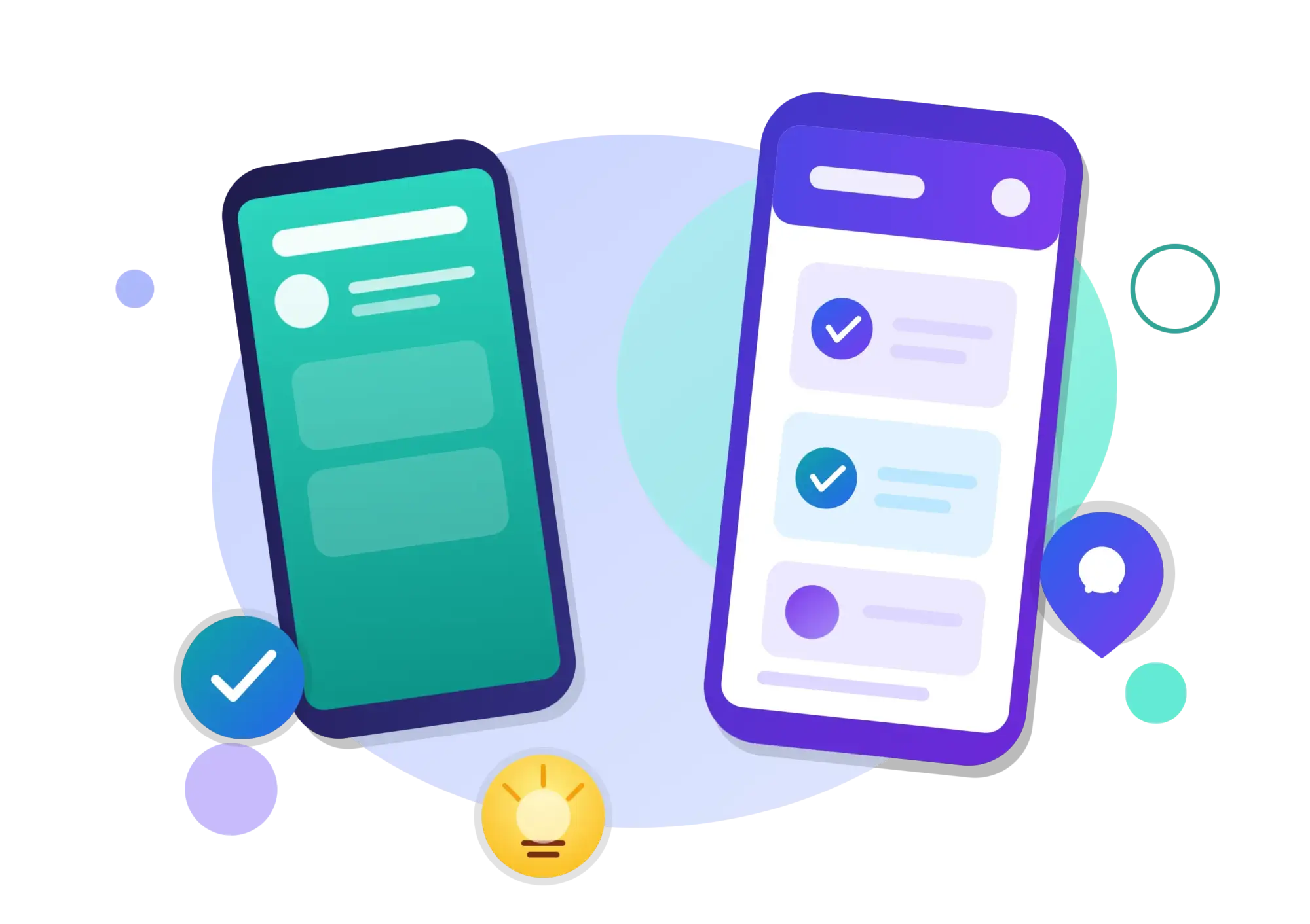 Illustration représentant le développement d'applications mobiles Android et iOS : deux smartphones affichant des interfaces d'application avec icônes de chat, validation et géolocalisation
