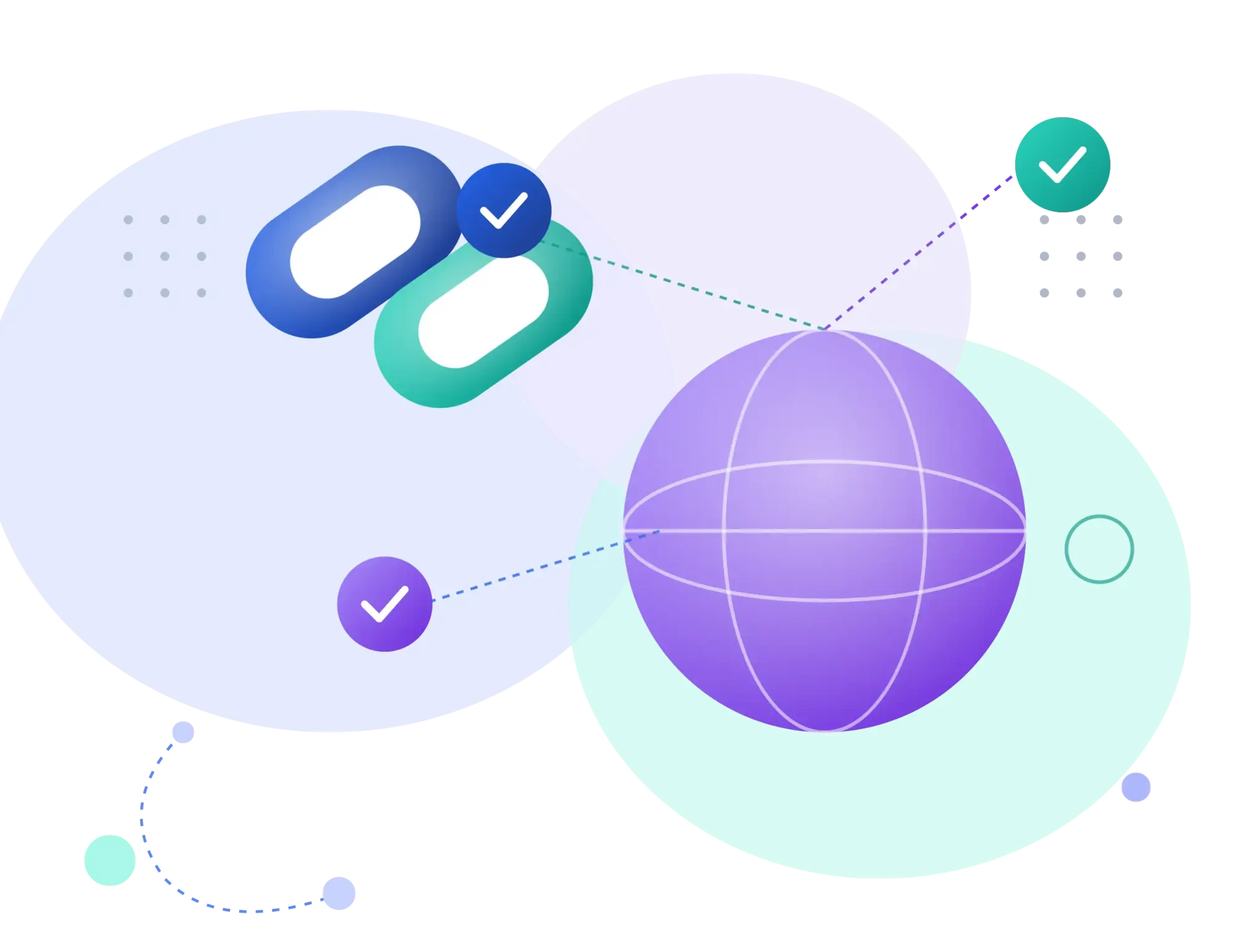 Illustration représentant le netlinking : un maillon de chaîne en dégradé bleu-violet relié à un globe symbolisant un réseau de sites web de confiance, entouré de badges de validation et de formes décoratives en dégradé.